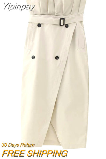 Yipinpay 2023 Paperbag Long Skirt Women Gabardine High Waist Wrap Skirt Women Fashion Slit Midi Skirts Elegant Women's Skirts
